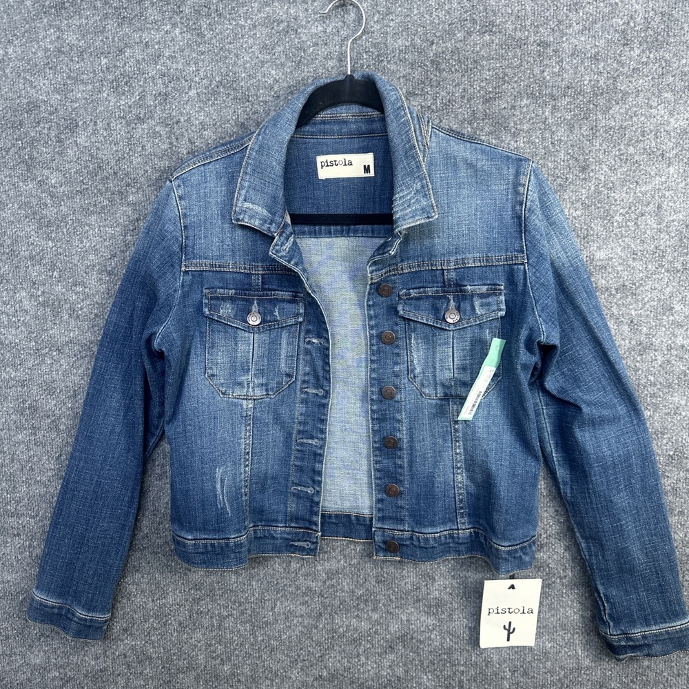 Pistola Womens Denim Jacket Medium Blue Jean Trucker Distressed NWT